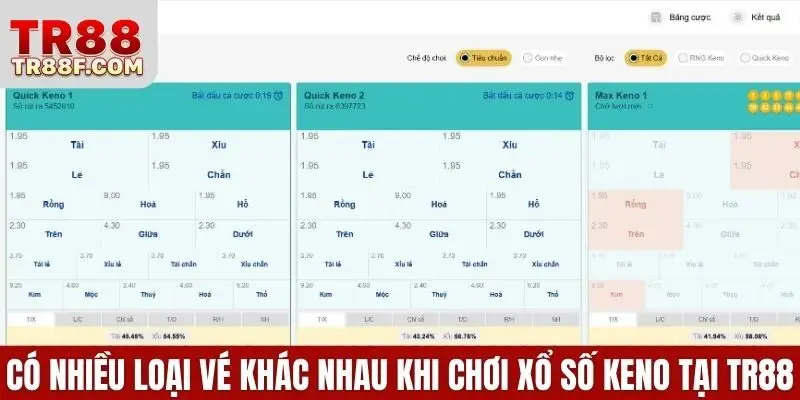 Có nhiều loại vé khác nhau khi chơi xổ số keno tại TR88